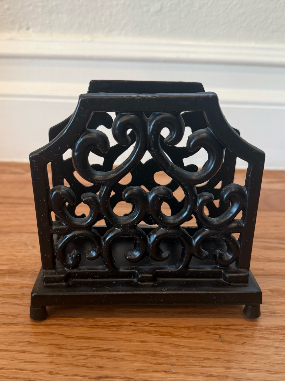 Heavy Black-Coated Cast Iron Napkin Holder/ Letter Holder Ornate Decorative
